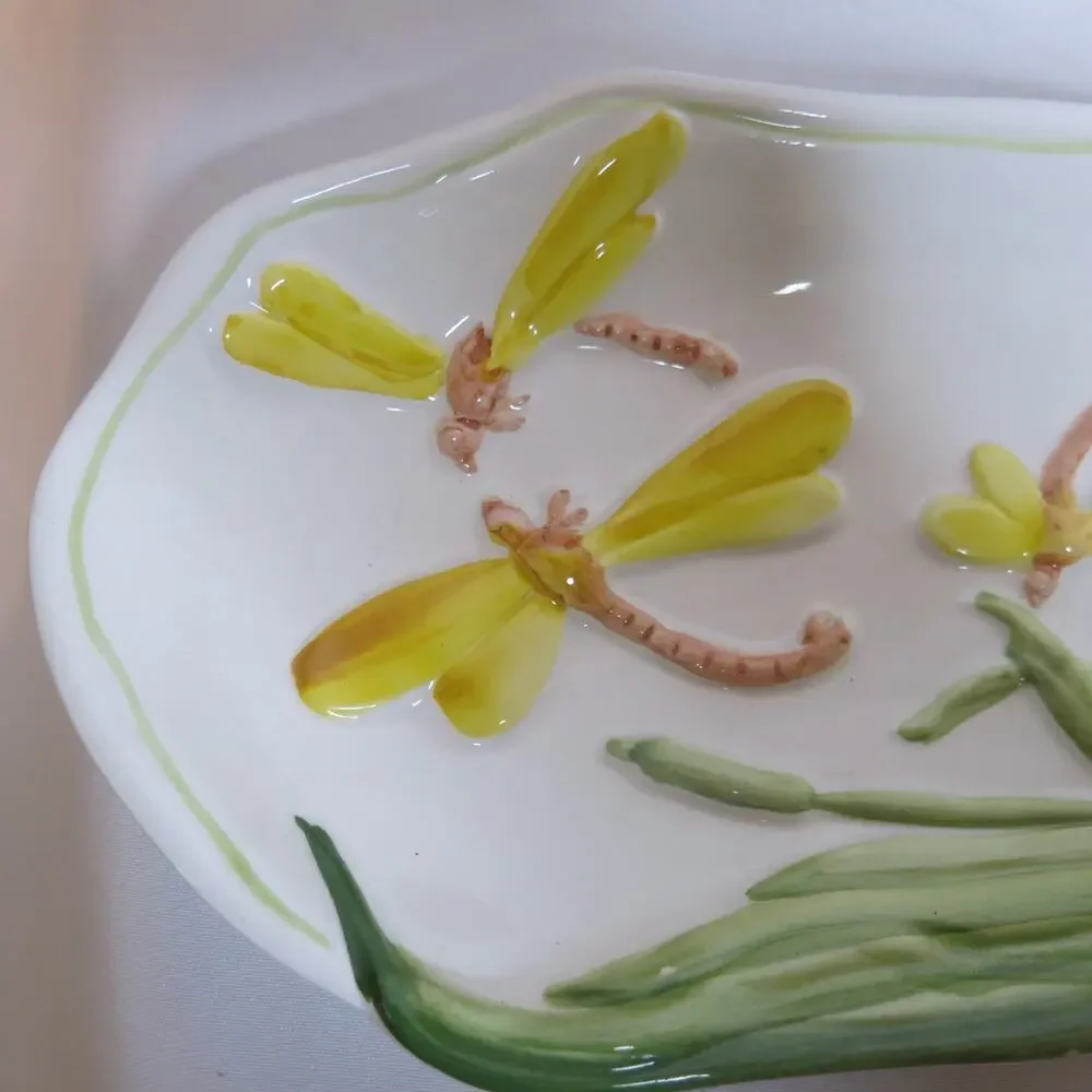 Vintage Carraro Italy Celery Trinket Serving Dish Dragonfly Yellow Green Kitchen